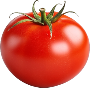 Gros plan d'une tomate rouge mûre avec une tige verte sur un fond gris neutre.